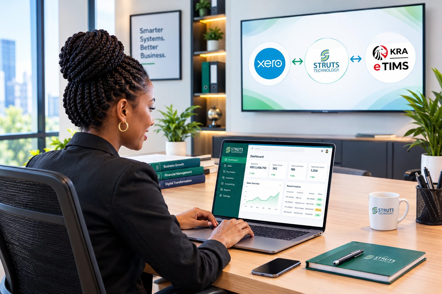 A finance lead using Struts ERP on a laptop, with Xero, Struts Technology, and KRA eTIMS on the screen behind her.