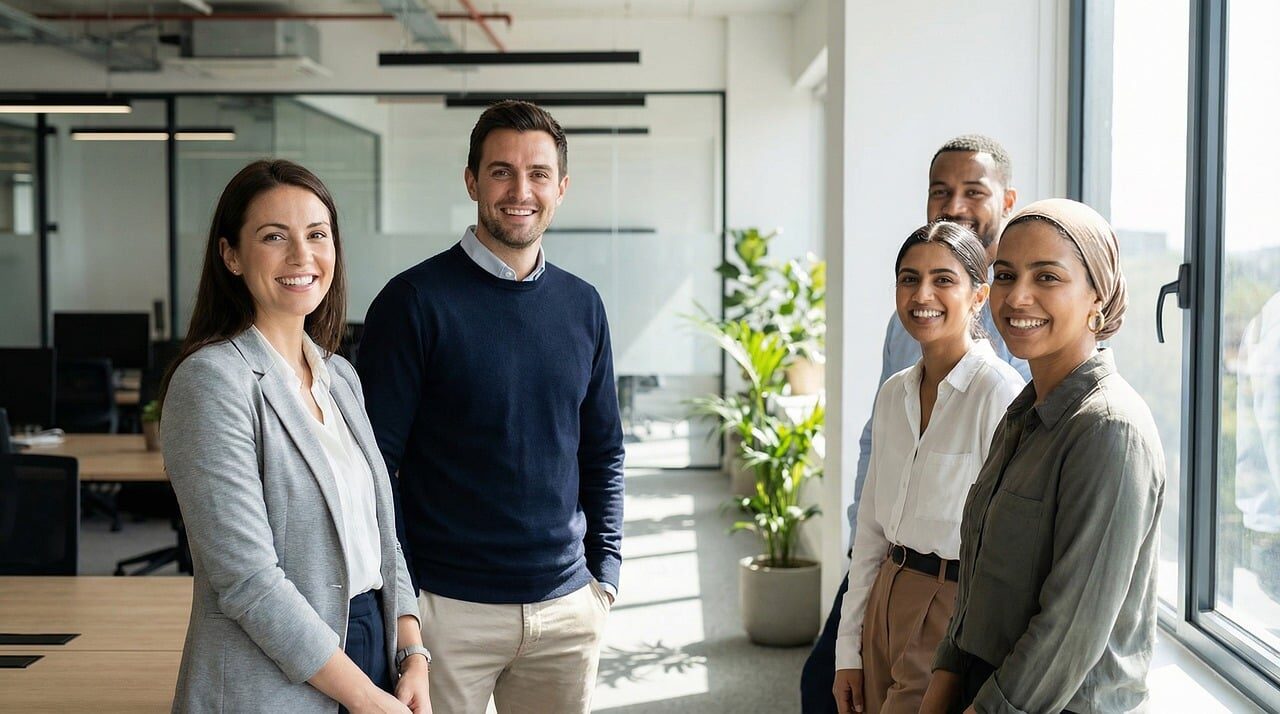 Five colleagues standing together in a bright office.